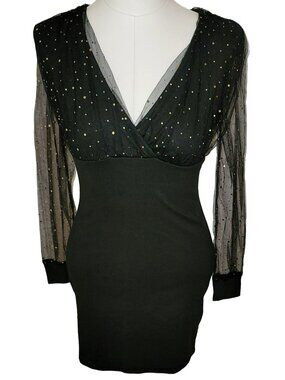 Elegant Black Dress Long Sleeve With Gold Polka Dots Size Small NWT jj3600